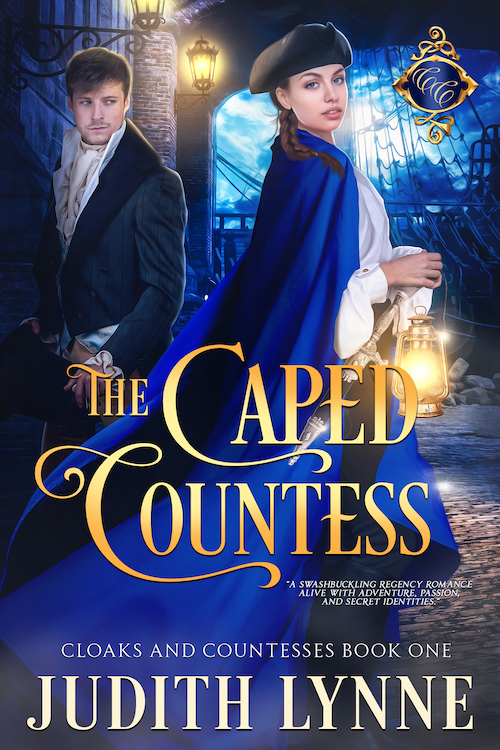 Cover The Caped Countess. Woman dressed in man's Regency clothes on right; man behind her watching with almost smile.